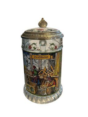 Vintage German Glass Beer Stein Pewter Lid Der Schreiner Carpenter Stange Seidel
